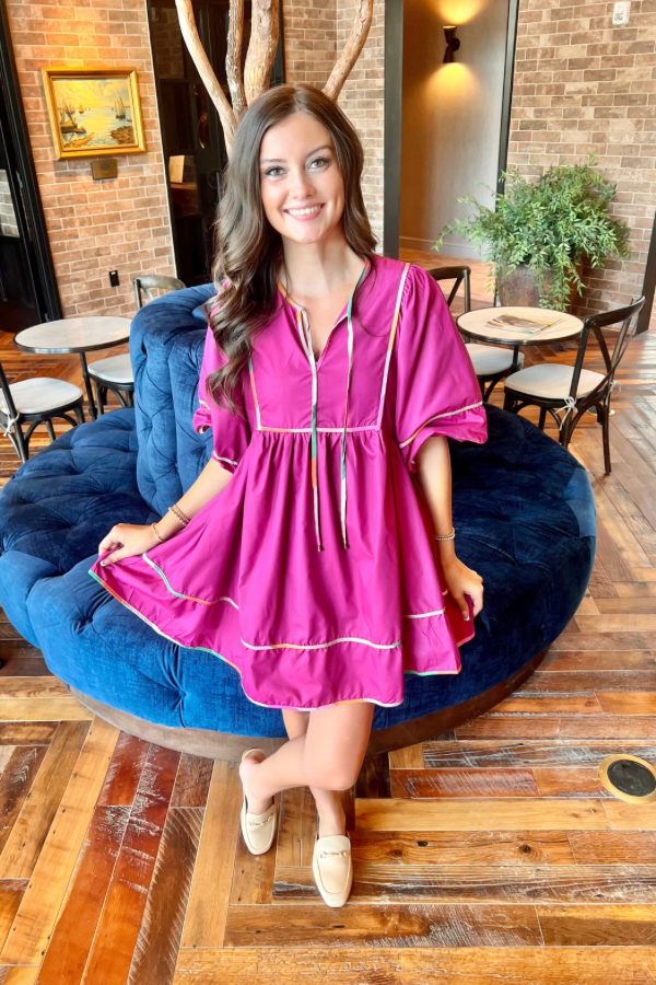 Bubble Sleeve Colorblock Trim Mini Dress Plum