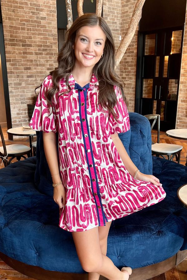 Button Up Printed Dress Magenta