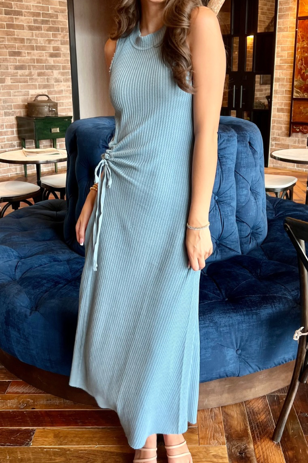 Cinched Waist Waffle Maxi Dress Blue Wash