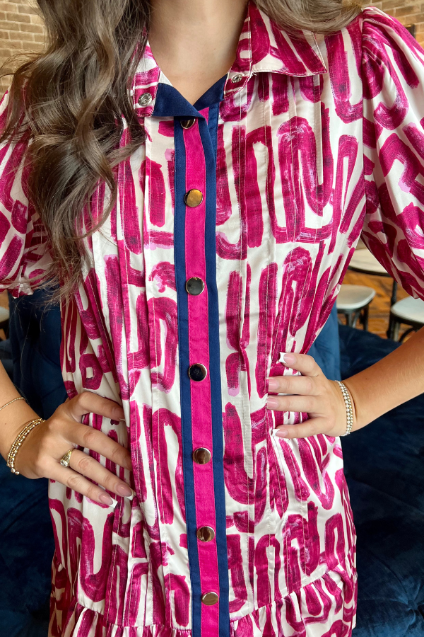 Button Up Printed Dress Magenta