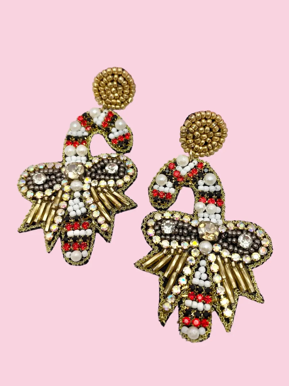 Beaded Earring Candy Cane with Gold Bow