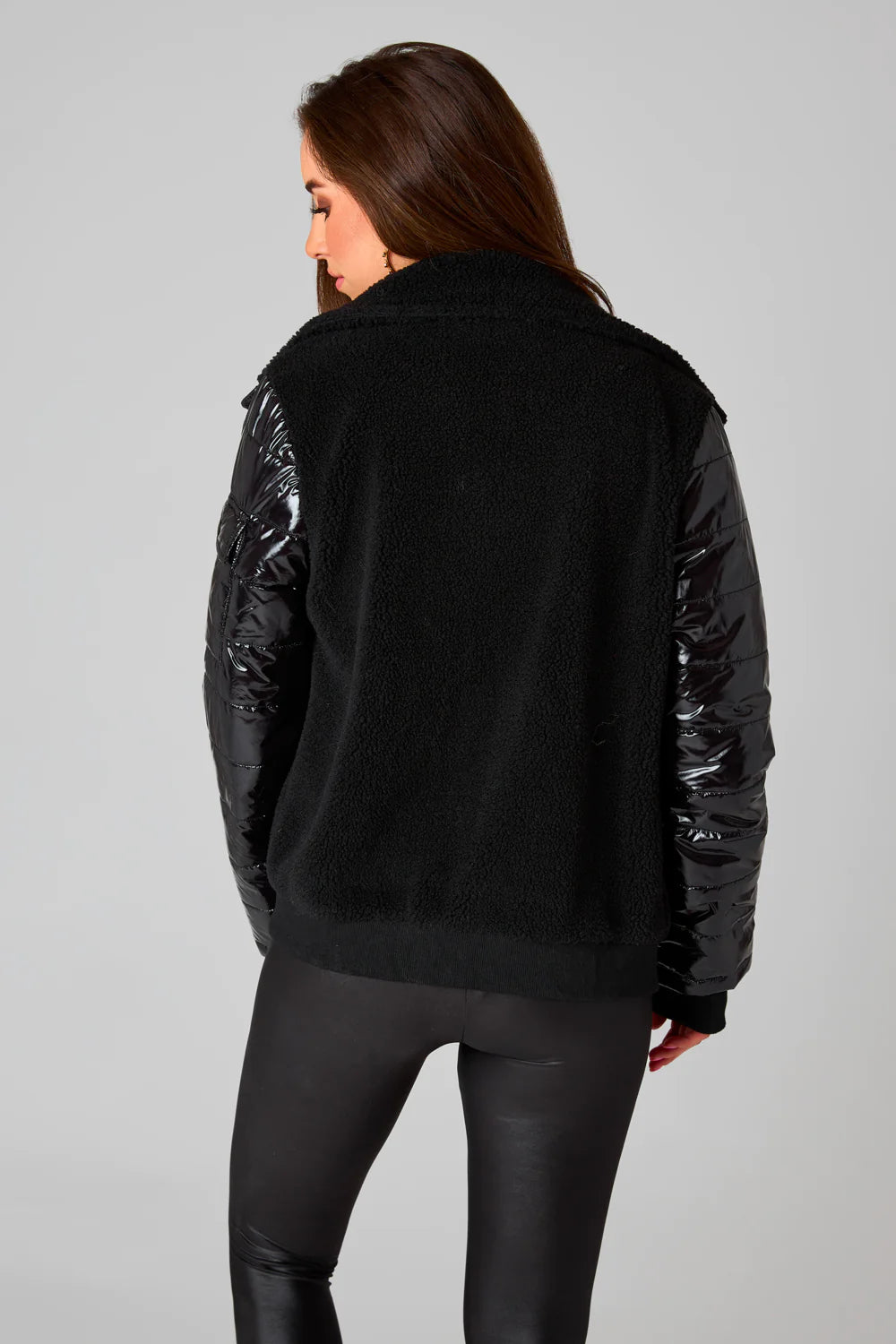 Brody Sherpa Jacket With Patent Sleeves Black - ONLINE ONLY - Beau Kisses