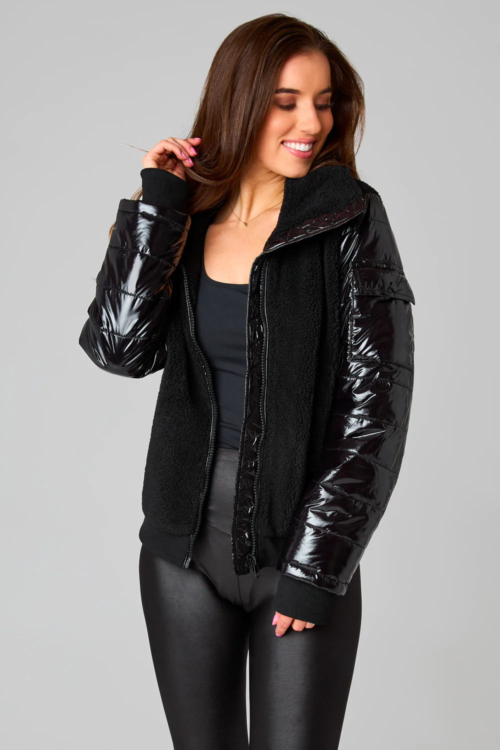 Brody Sherpa Jacket With Patent Sleeves Black - ONLINE ONLY - Beau Kisses