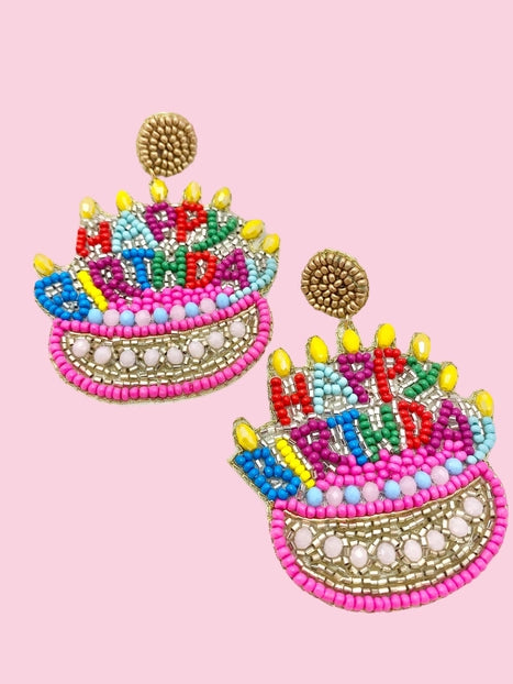 Beaded Earrings Happy Birthday Cake - Beau Kisses