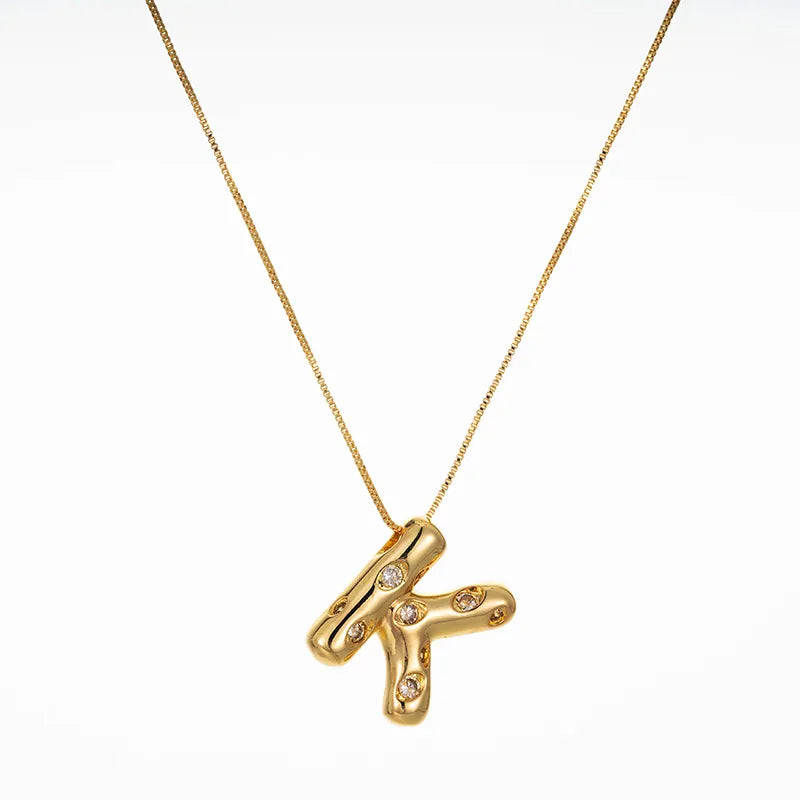 Bubble Initial Hammered CZ Pendant Necklace Gold