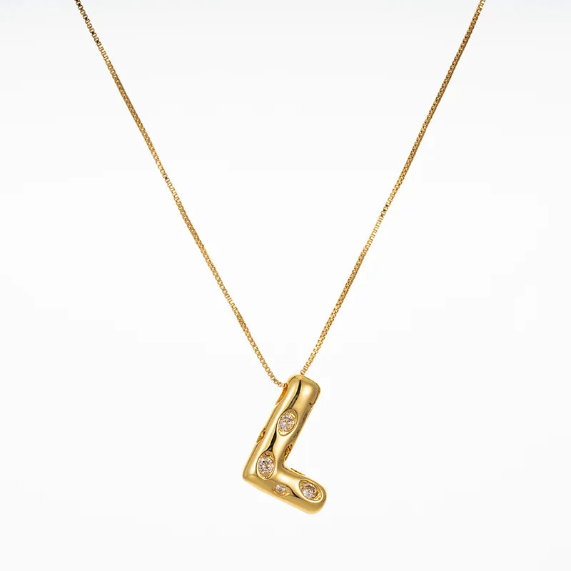 Bubble Initial Hammered CZ Pendant Necklace Gold