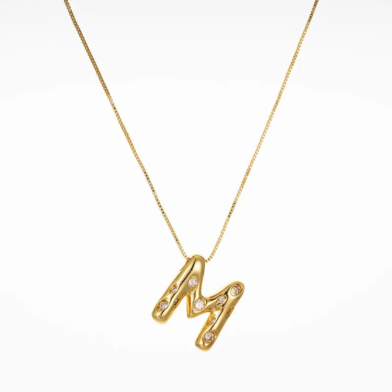 Bubble Initial Hammered CZ Pendant Necklace Gold