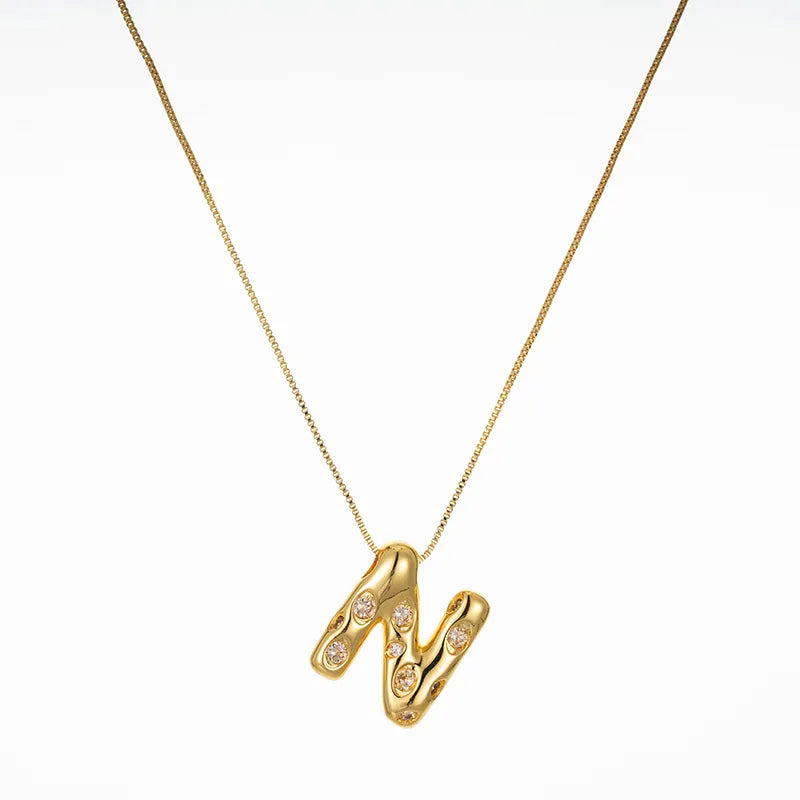 Bubble Initial Hammered CZ Pendant Necklace Gold