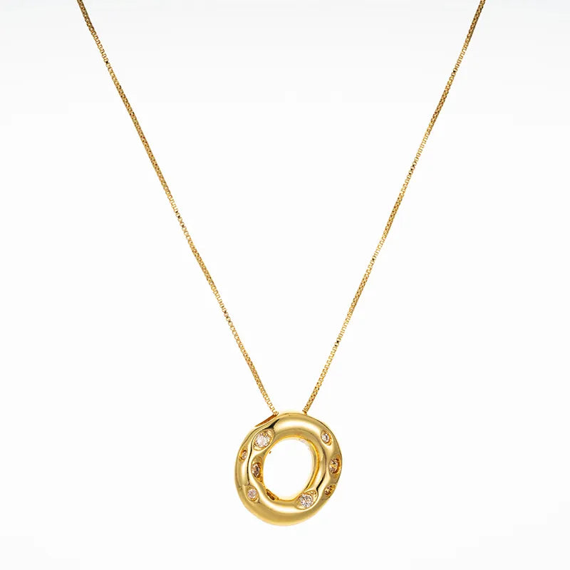 Bubble Initial Hammered CZ Pendant Necklace Gold