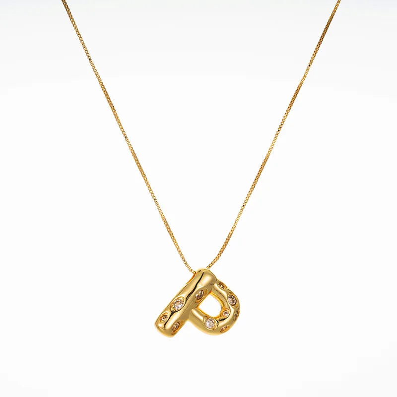 Bubble Initial Hammered CZ Pendant Necklace Gold