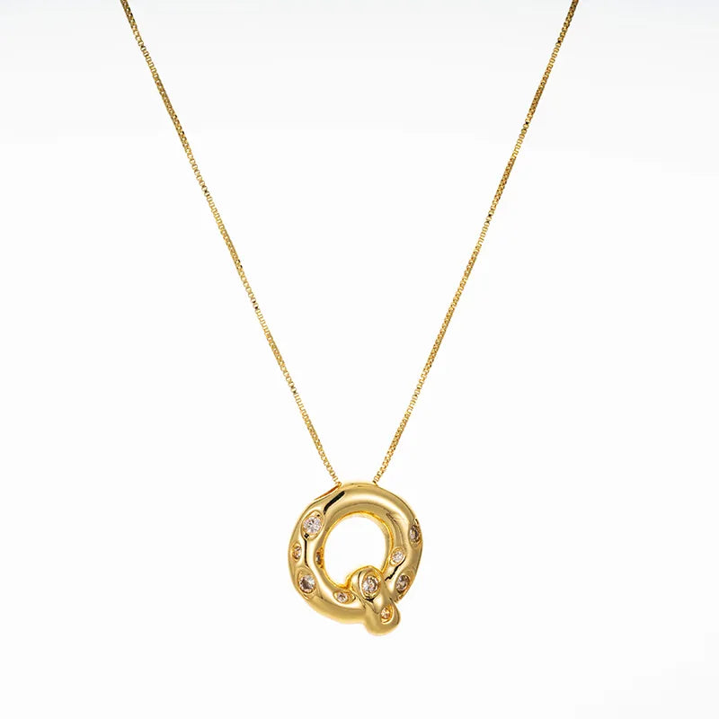 Bubble Initial Hammered CZ Pendant Necklace Gold