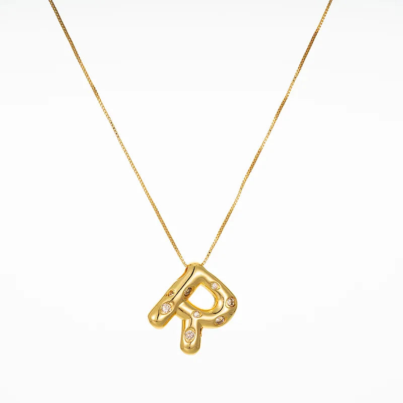 Bubble Initial Hammered CZ Pendant Necklace Gold