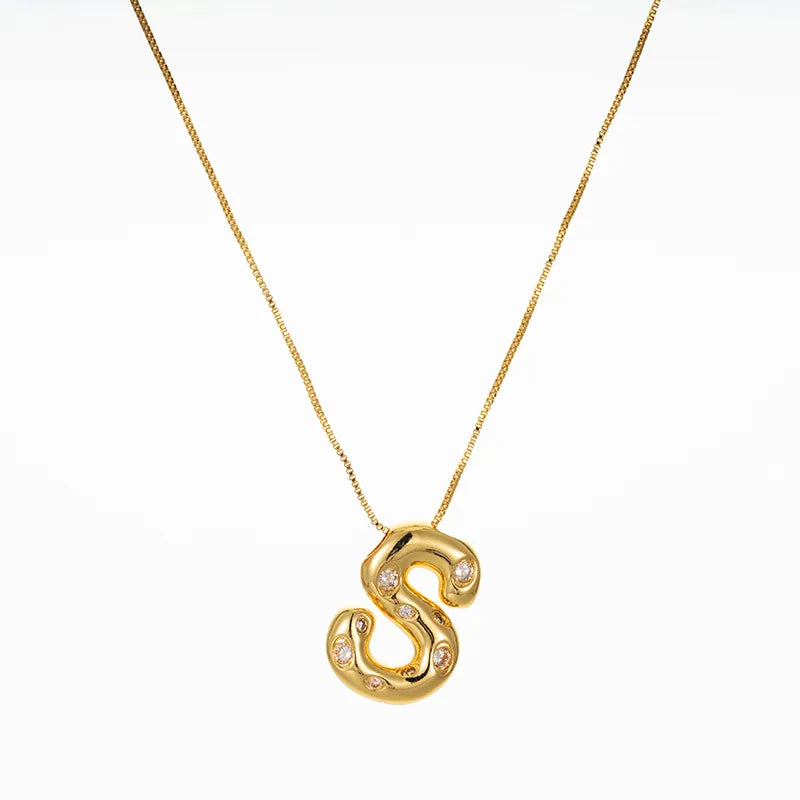 Bubble Initial Hammered CZ Pendant Necklace Gold