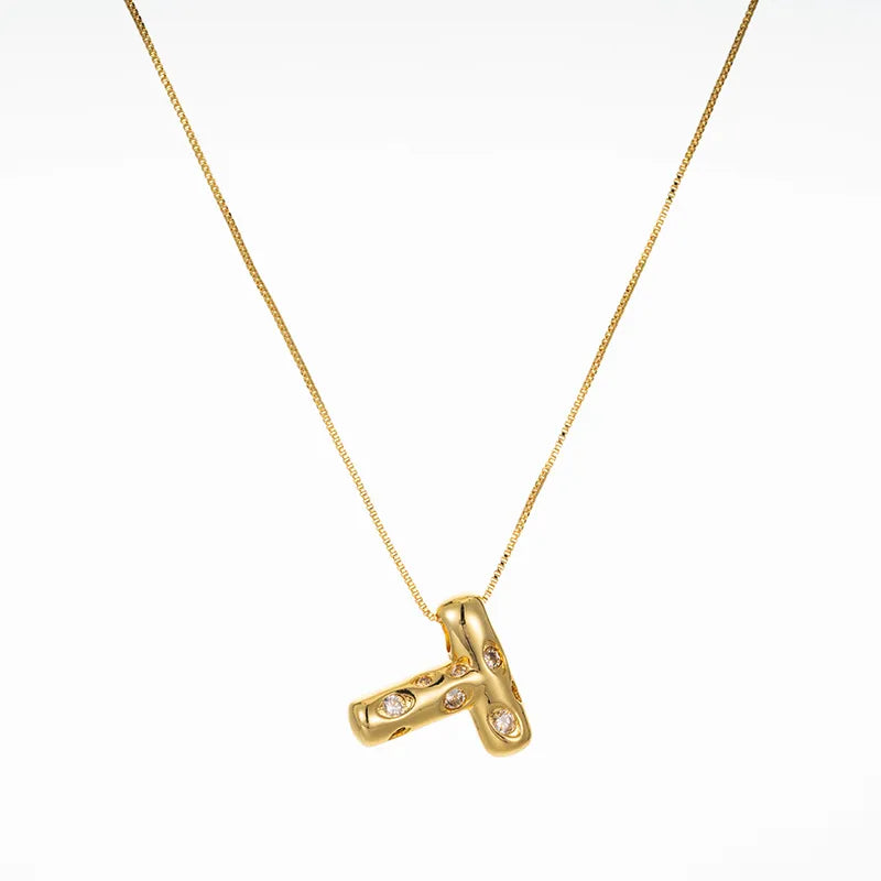 Bubble Initial Hammered CZ Pendant Necklace Gold