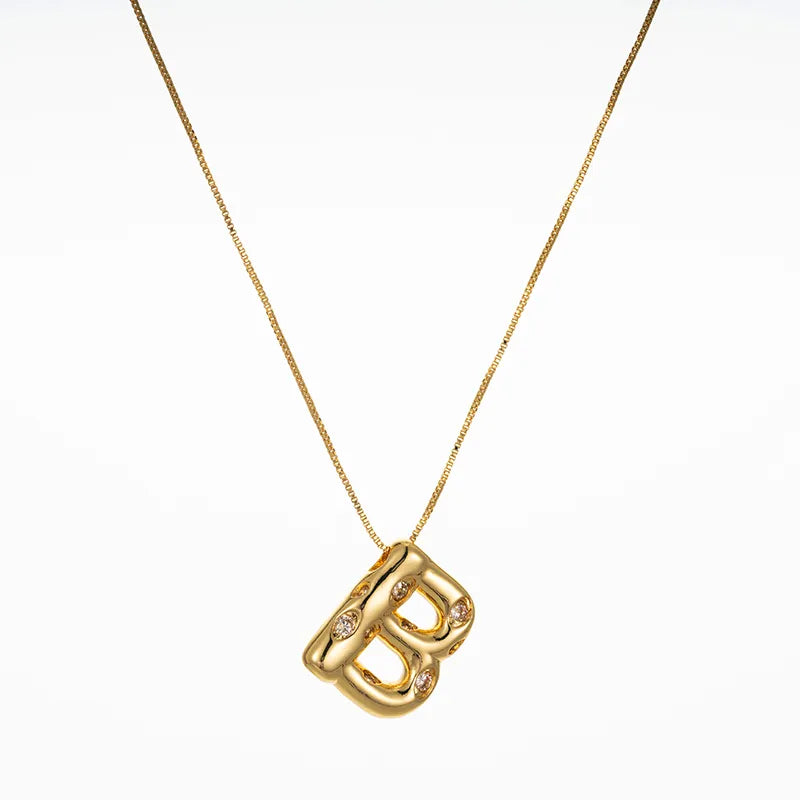 Bubble Initial Hammered CZ Pendant Necklace Gold