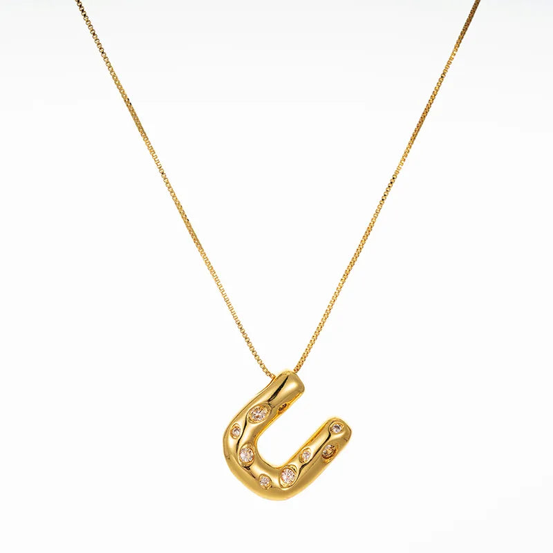 Bubble Initial Hammered CZ Pendant Necklace Gold