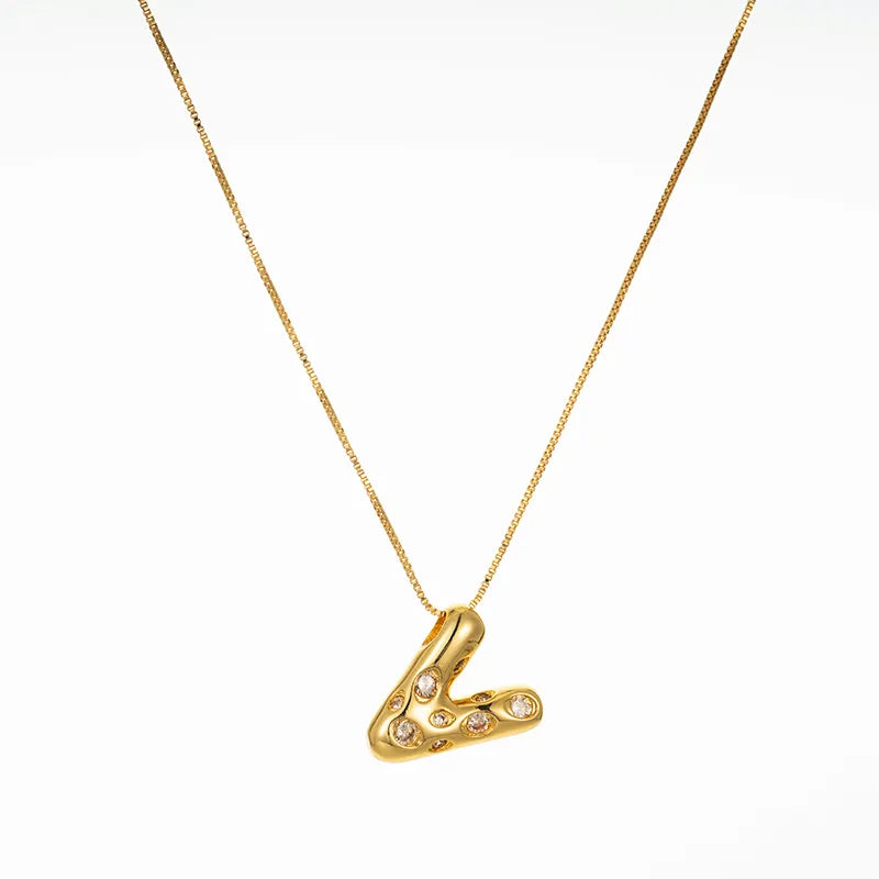 Bubble Initial Hammered CZ Pendant Necklace Gold