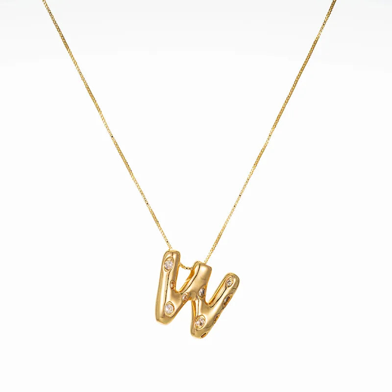 Bubble Initial Hammered CZ Pendant Necklace Gold