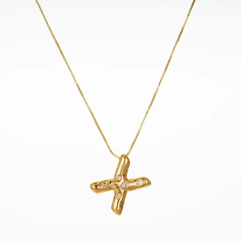 Bubble Initial Hammered CZ Pendant Necklace Gold