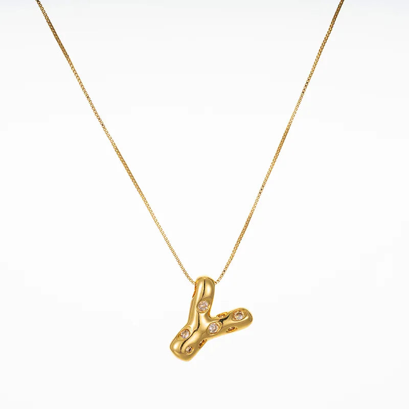 Bubble Initial Hammered CZ Pendant Necklace Gold