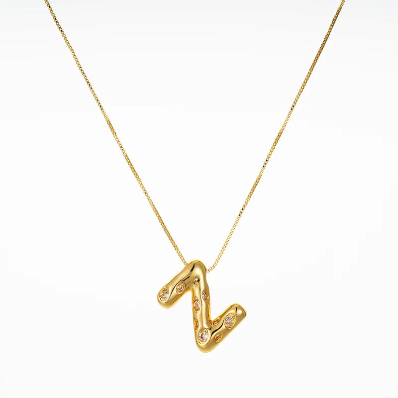 Bubble Initial Hammered CZ Pendant Necklace Gold