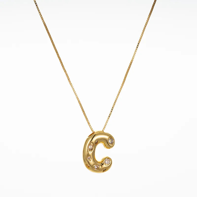 Bubble Initial Hammered CZ Pendant Necklace Gold