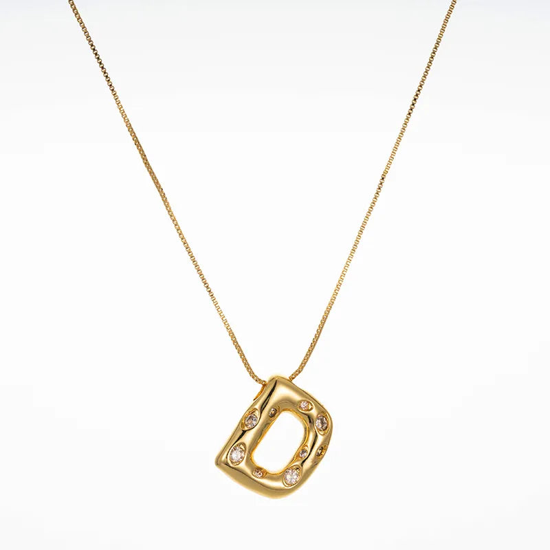 Bubble Initial Hammered CZ Pendant Necklace Gold