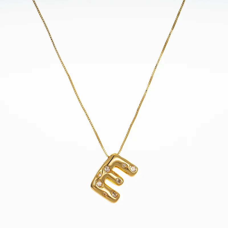 Bubble Initial Hammered CZ Pendant Necklace Gold