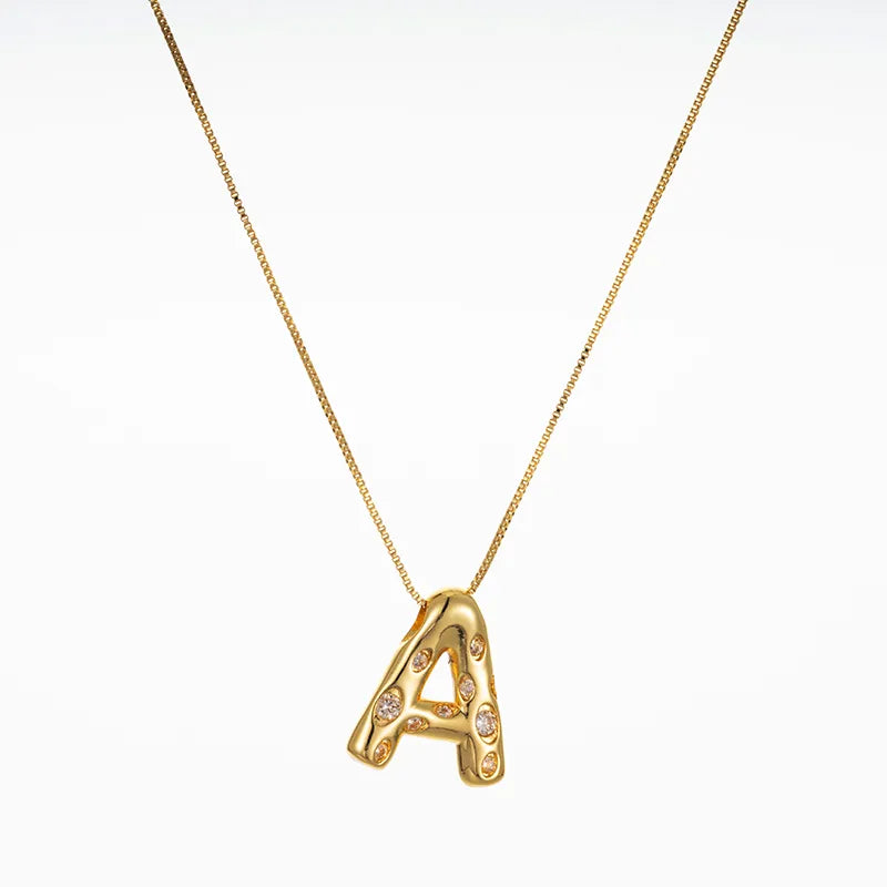 Bubble Initial Hammered CZ Pendant Necklace Gold