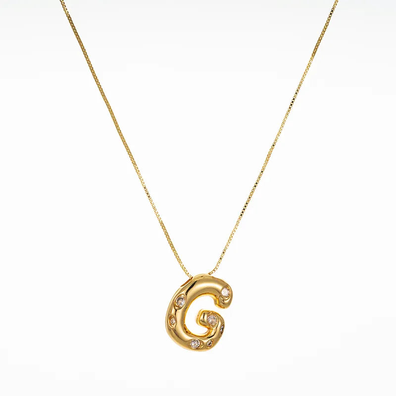 Bubble Initial Hammered CZ Pendant Necklace Gold