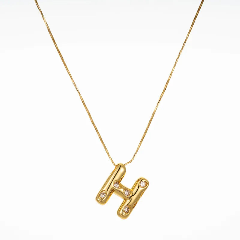 Bubble Initial Hammered CZ Pendant Necklace Gold