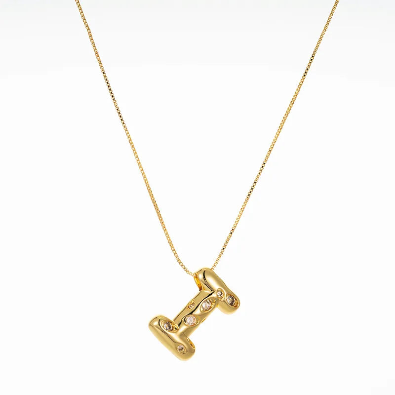 Bubble Initial Hammered CZ Pendant Necklace Gold