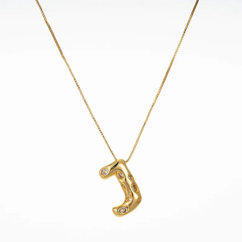 Bubble Initial Hammered CZ Pendant Necklace Gold