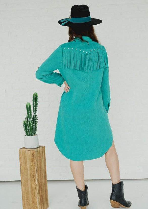 Suede Fringe Jacket With Stud Detail Turquoise ONLINE ONLY - Beau Kisses