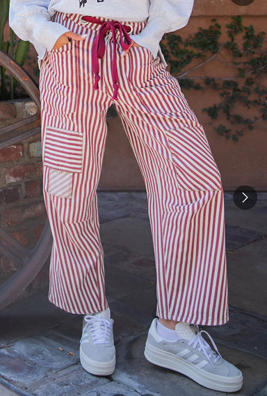 Striped Drawstring Barrel Pants Raspberry - Beau Kisses