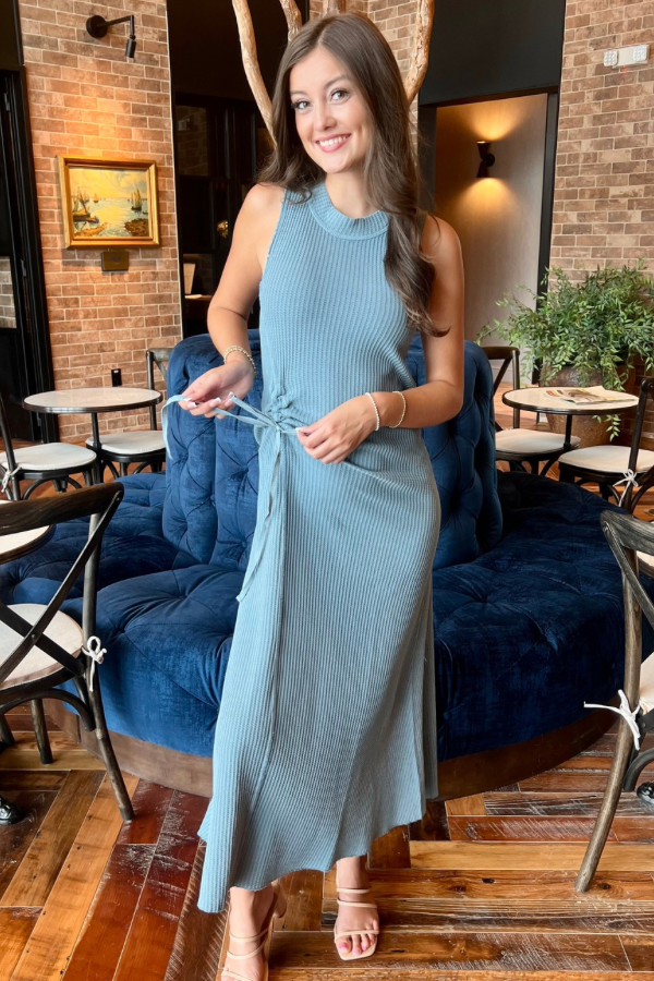 Cinched Waist Waffle Maxi Dress Blue Wash