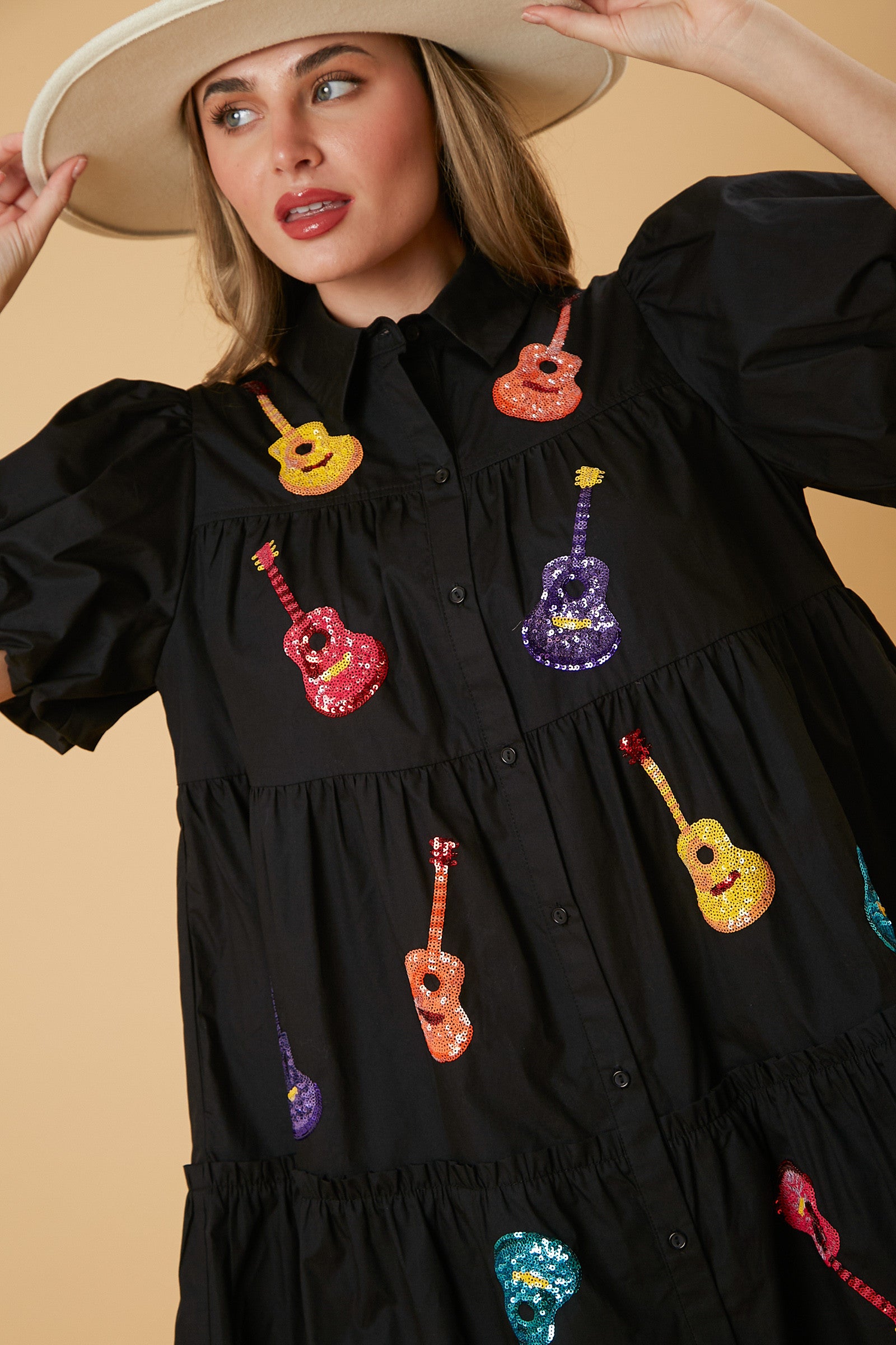 Poplin Sequined Guitar Mini Dress Black