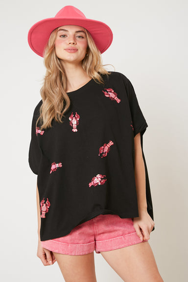 Sequined Crawfish Short Sleeve Top Black  - ONLINE ONLY - Beau Kisses