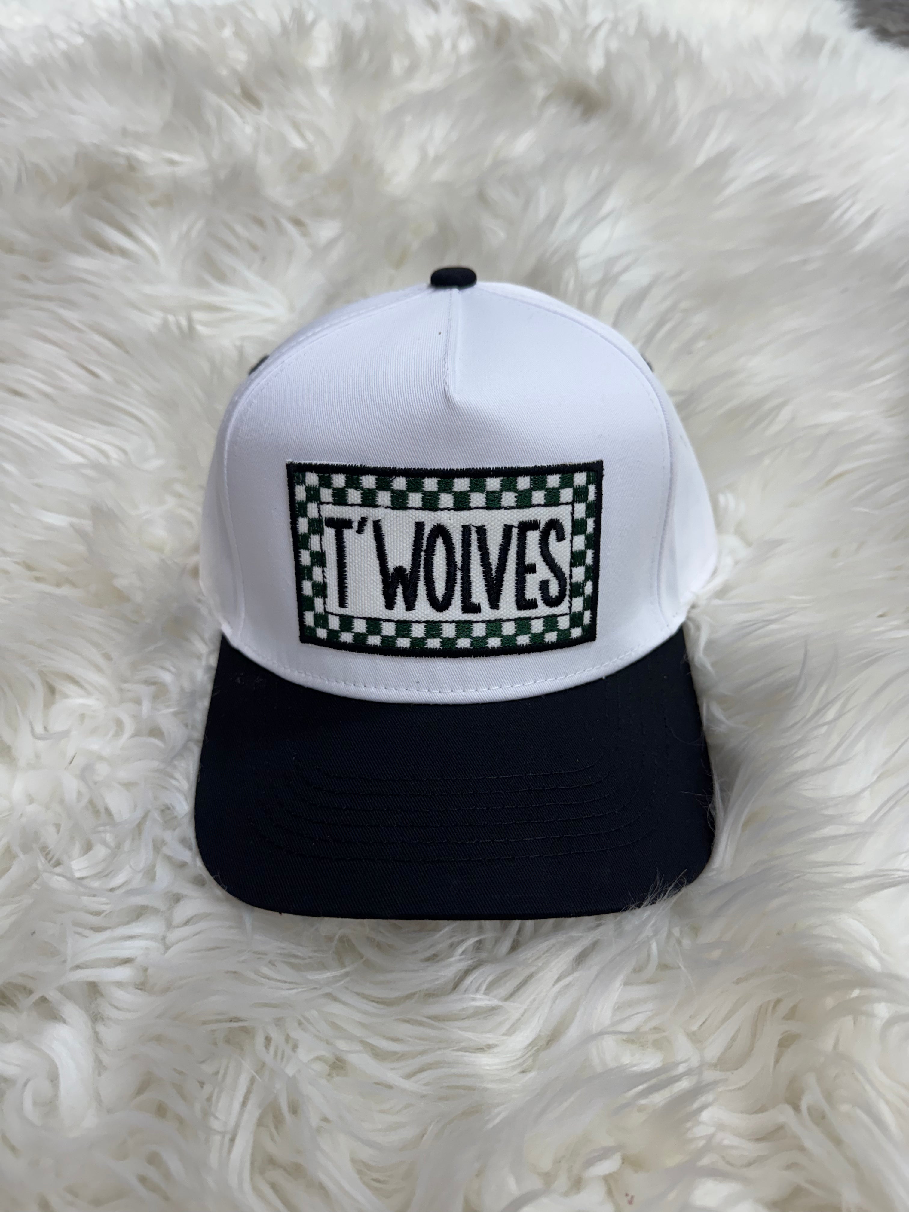Canvas Trucker Hat Checkered “T Wolves” Patch Black and White