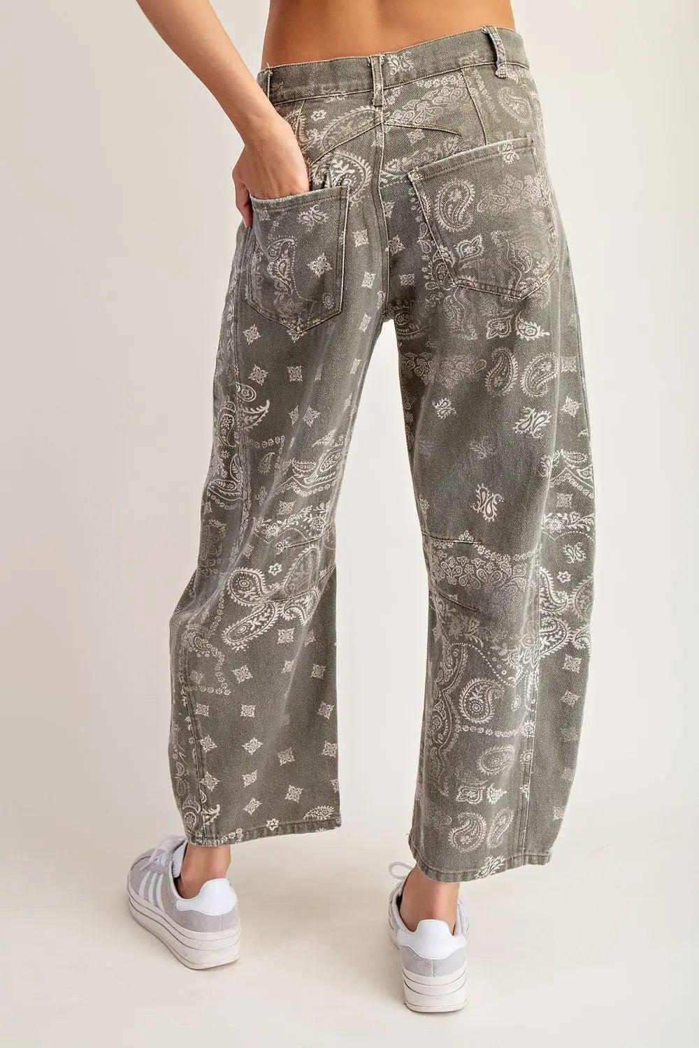 Mineral Washed Paisley Printed Barrel Jeans Army Green - Beau Kisses