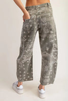 Mineral Washed Paisley Printed Barrel Jeans Army Green - Beau Kisses