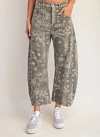 Mineral Washed Paisley Printed Barrel Jeans Army Green - Beau Kisses