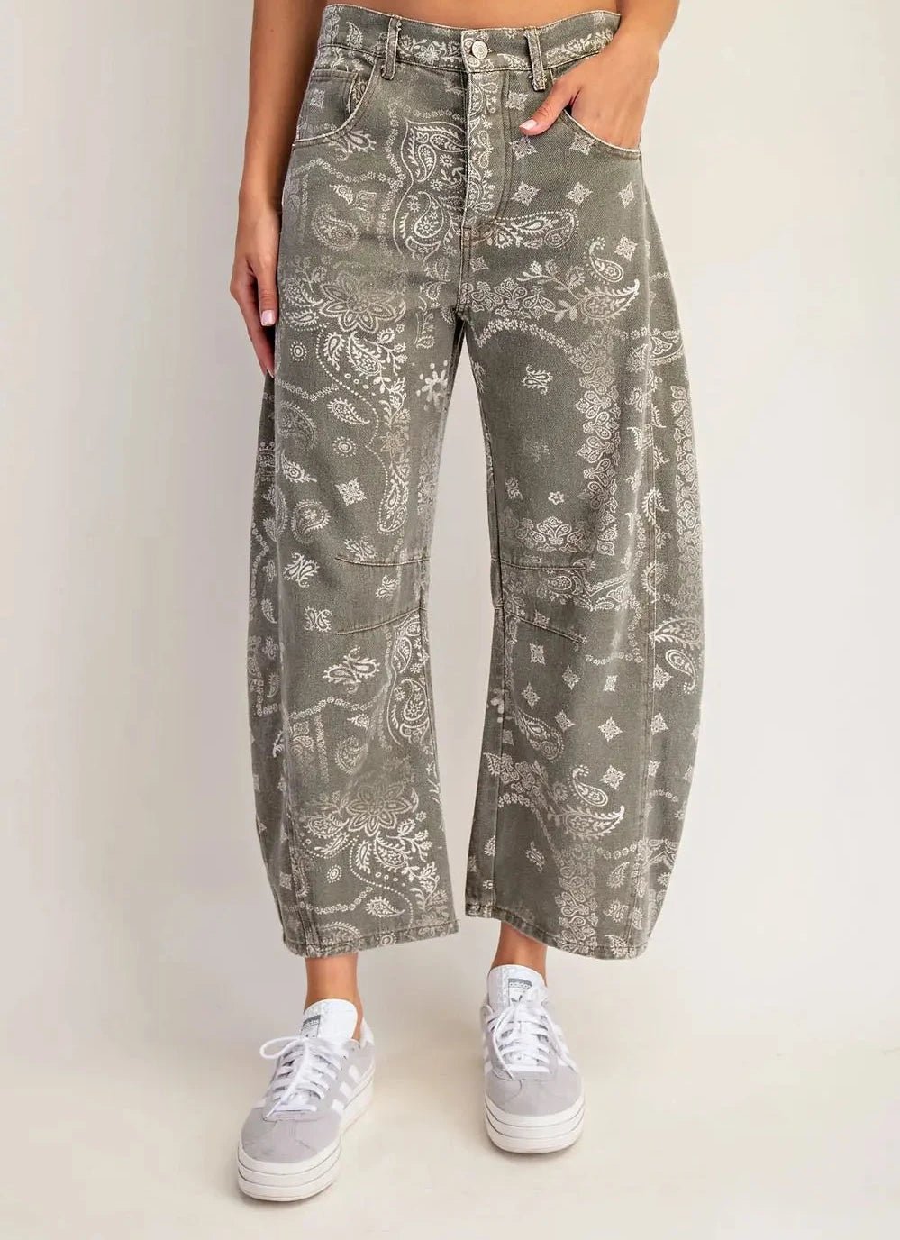 Mineral Washed Paisley Printed Barrel Jeans Army Green - Beau Kisses