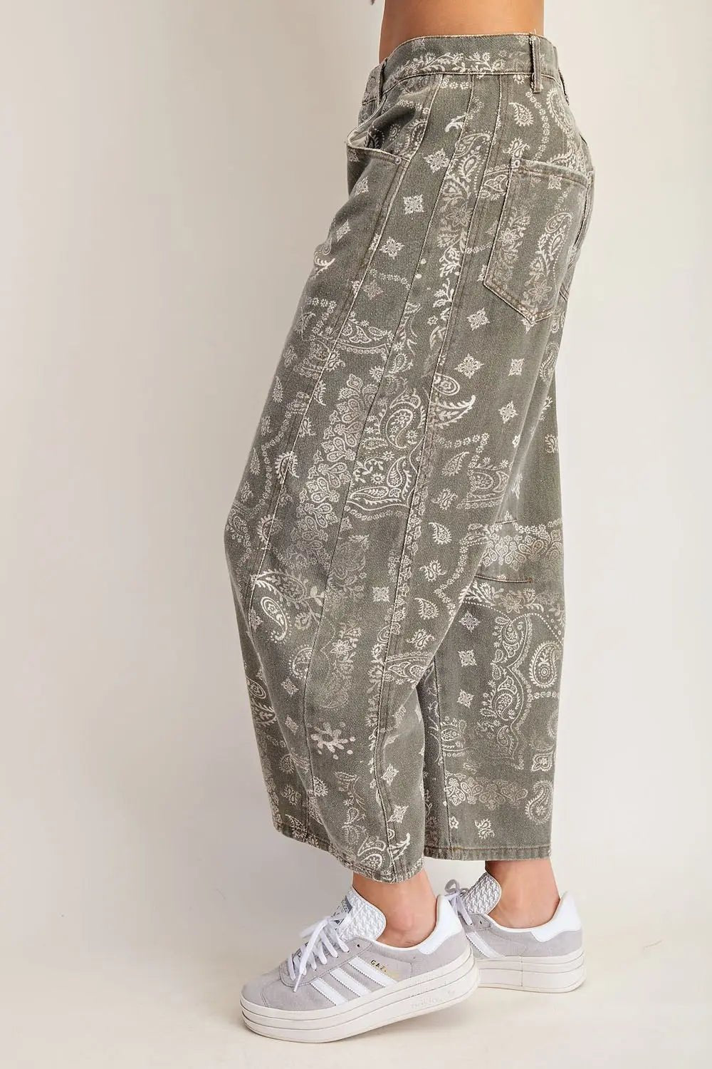 Mineral Washed Paisley Printed Barrel Jeans Army Green - Beau Kisses