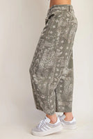 Mineral Washed Paisley Printed Barrel Jeans Army Green - Beau Kisses