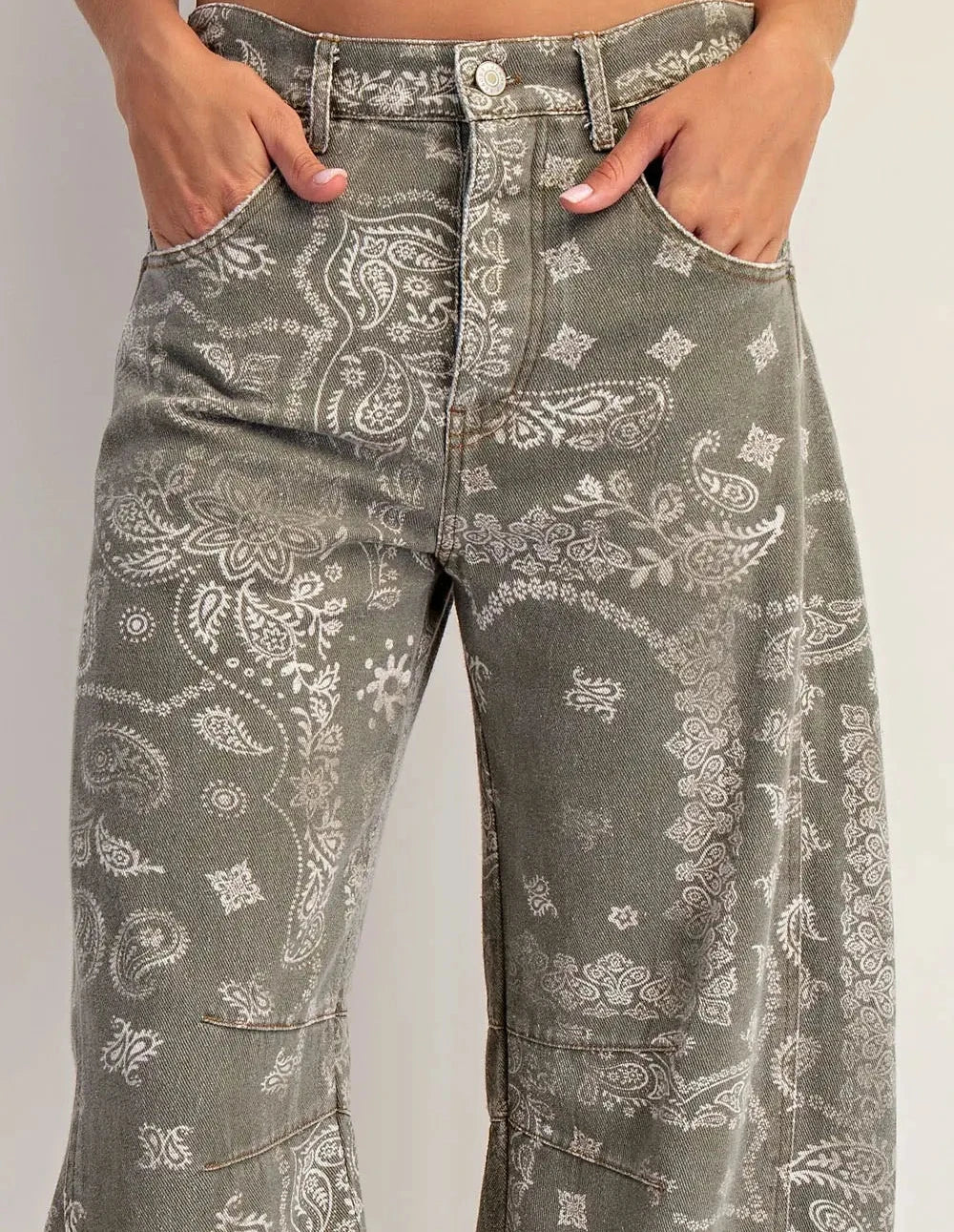 Mineral Washed Paisley Printed Barrel Jeans Army Green - Beau Kisses
