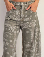 Mineral Washed Paisley Printed Barrel Jeans Army Green - Beau Kisses
