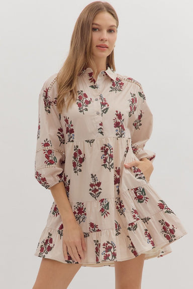 Floral Print 3/4 Sleeve Tiered Mini Dress Ecru - Beau Kisses