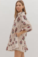 Floral Print 3/4 Sleeve Tiered Mini Dress Ecru - Beau Kisses