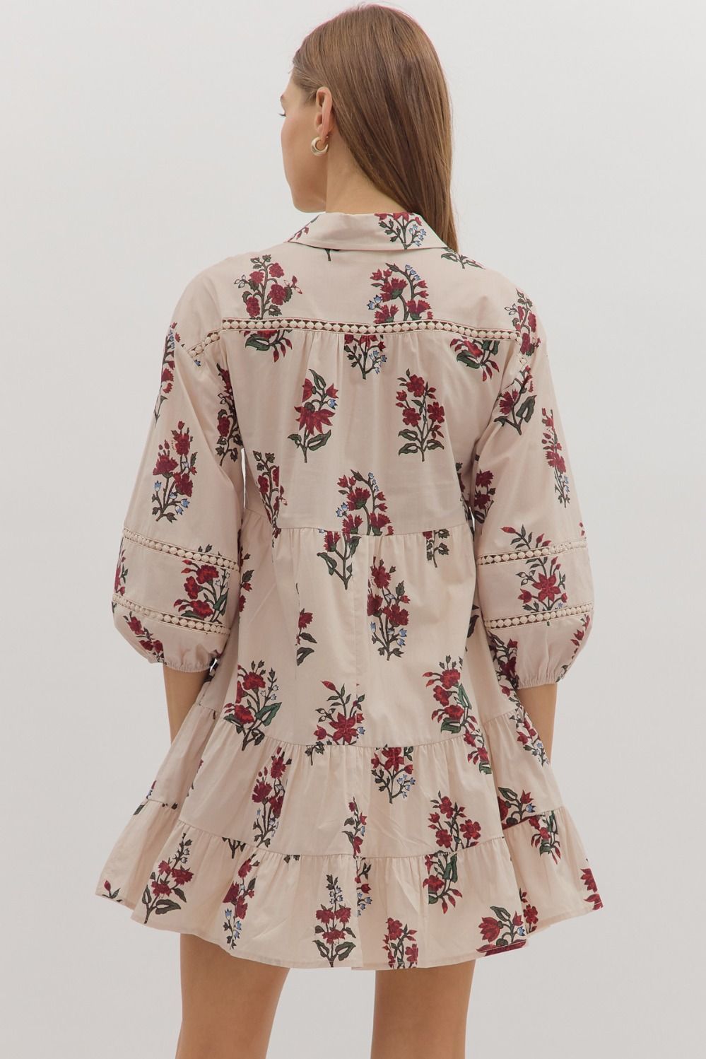 Floral Print 3/4 Sleeve Tiered Mini Dress Ecru - Beau Kisses